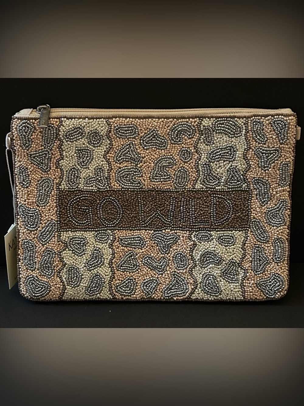 Go Wild Beaded Animal Print Leopard Design Clutch in Beige and Brown with Chain